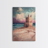 Fantasy Castle Framed Canvas Print Dreamy Coastal Art, Whimsical Beach Painting, Living Room Wall Decor, Pastel Ocean Landscape