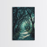 Mystical Tree Tunnel Framed Canvas Print Enchanted Forest Art, Fantasy Landscape, Dark Green Nature Decor, Living Room Wall Art