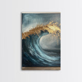 Majestic Ocean Wave Canvas Print Abstract Coastal Art, Gold and Blue Beach Wall Decor, Surfing Aesthetic, Living Room Accent