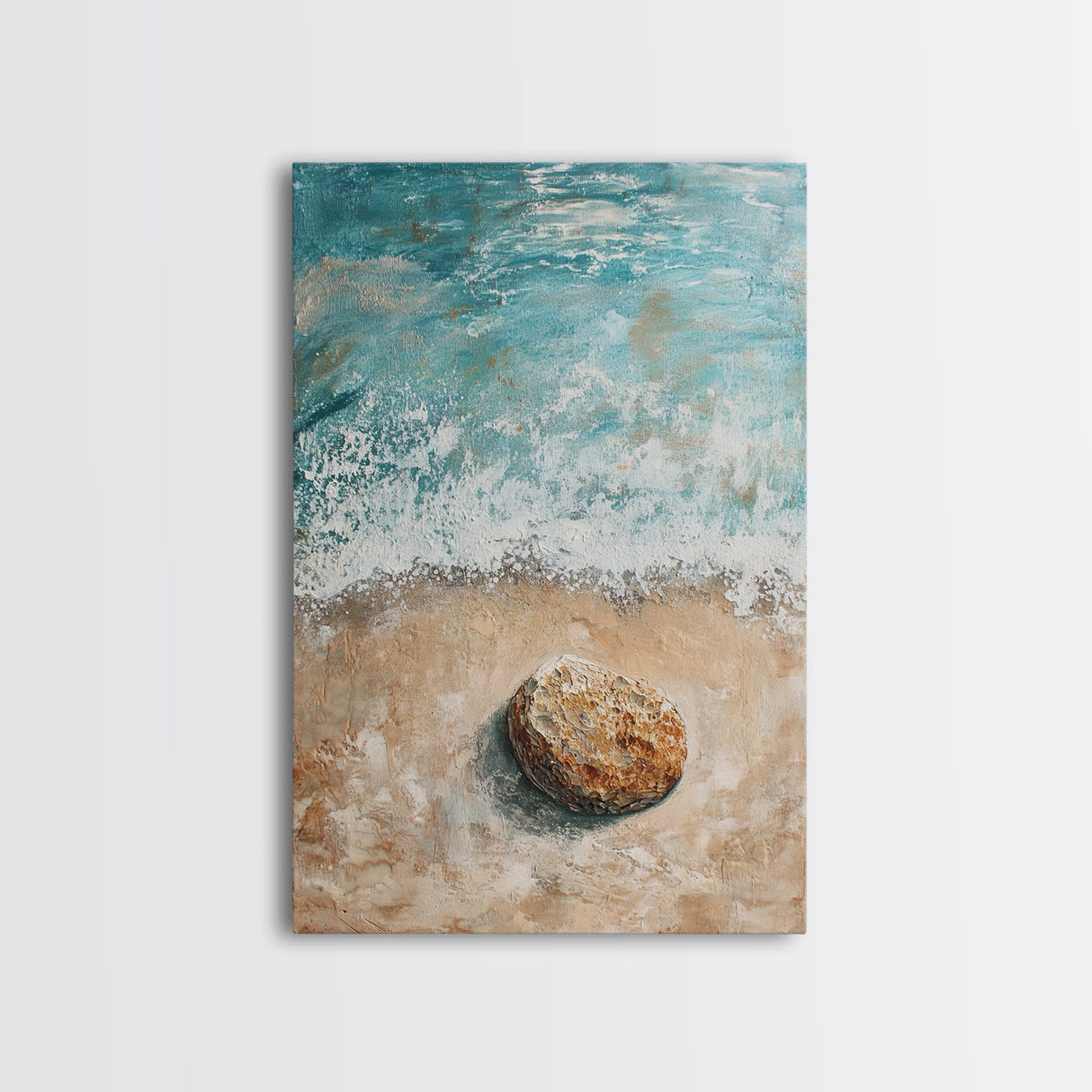 Serene Beach Stone Canvas Print Tranquil Ocean Art, Coastal Zen Wall Decor, Relaxing Beach House Style, Minimalist Seascape Painting