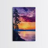 Serene Lakeside Sunset Canvas Print, Nature Wall Art, Water Reflection Painting, Tranquil Landscape Art, Peaceful Home Decor, Bedroom Art