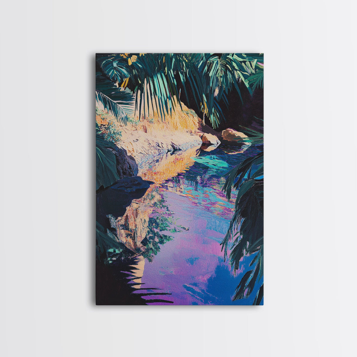 Tropical Reflections Framed Canvas Print Jungle River Wall Art, Boho Nature Decor, Vibrant Exotic Landscape, Relaxing Living Room Art