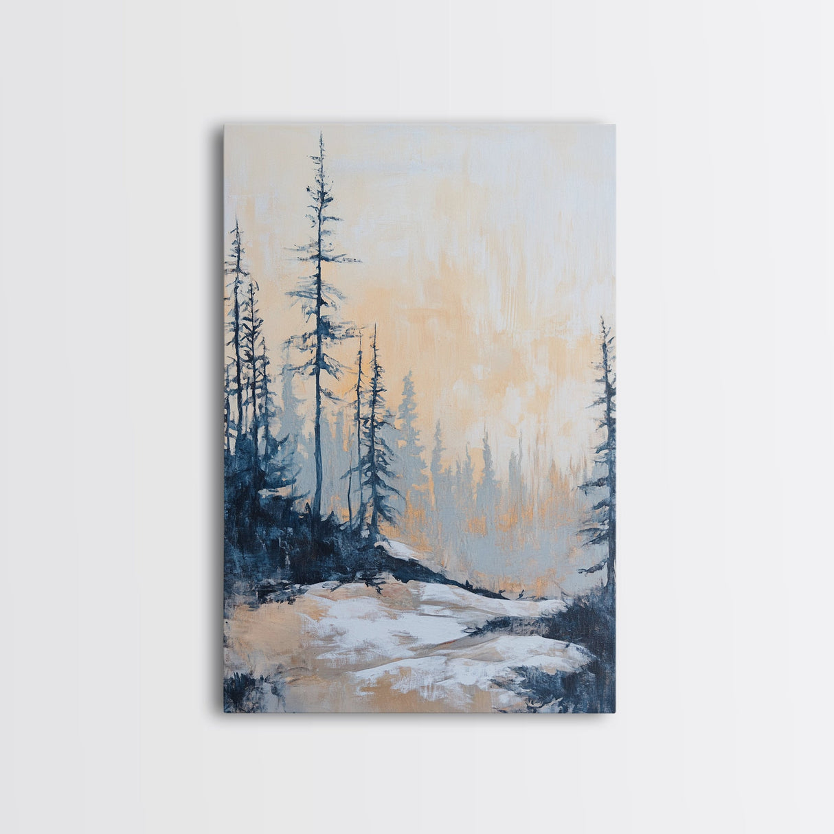 Misty Forest Framed Canvas Print Winter Landscape Wall Art, Nordic Minimalist Decor, Moody Nature Painting, Serene Living Room Artwork