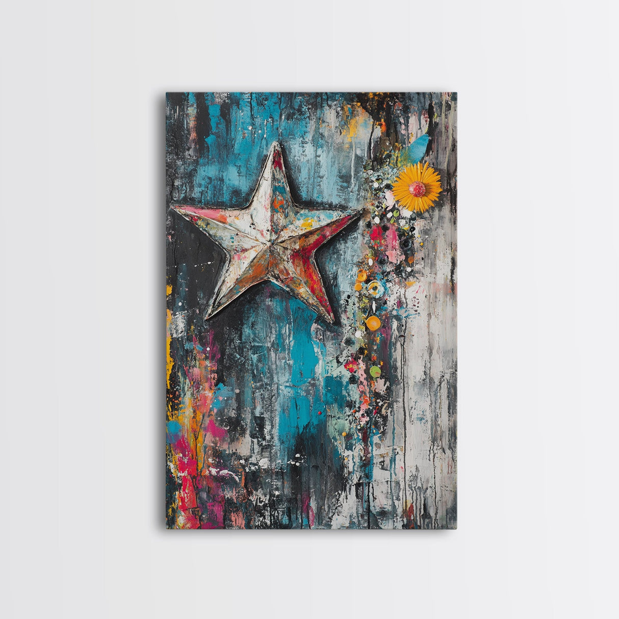 Metal Star Rustic Framed Canvas Print Patriotic Wall Art, Western Home Decor, Distressed Americana Artwork, Country Farmhouse Style