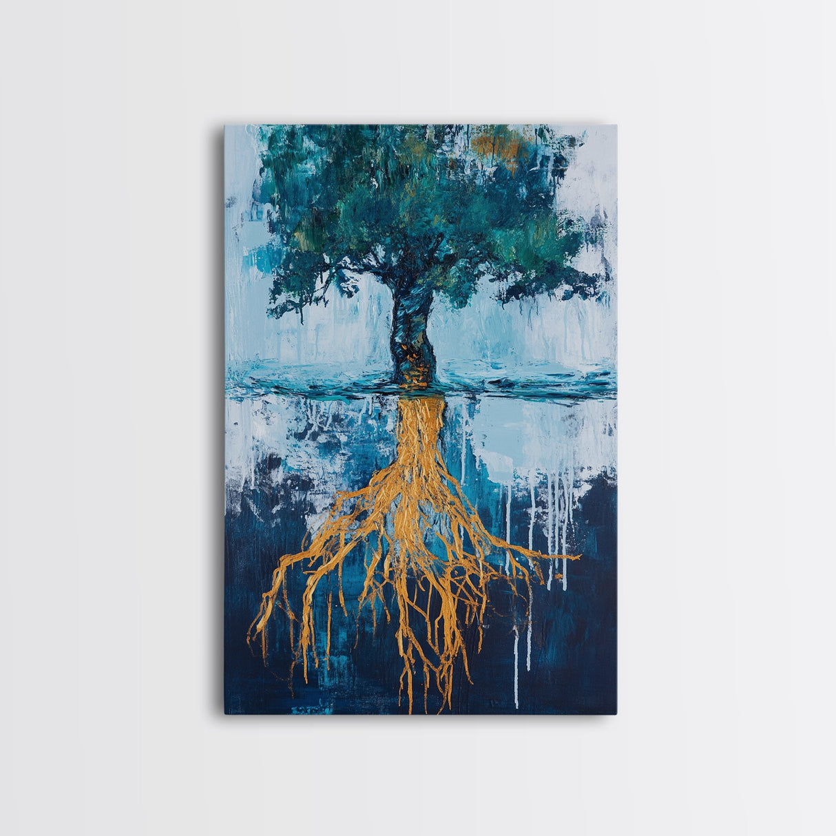 Tree With Golden Roots Canvas Print Surreal Nature Wall Art Abstract Landscape Painting Living Room Decor Earth Tones Artwork