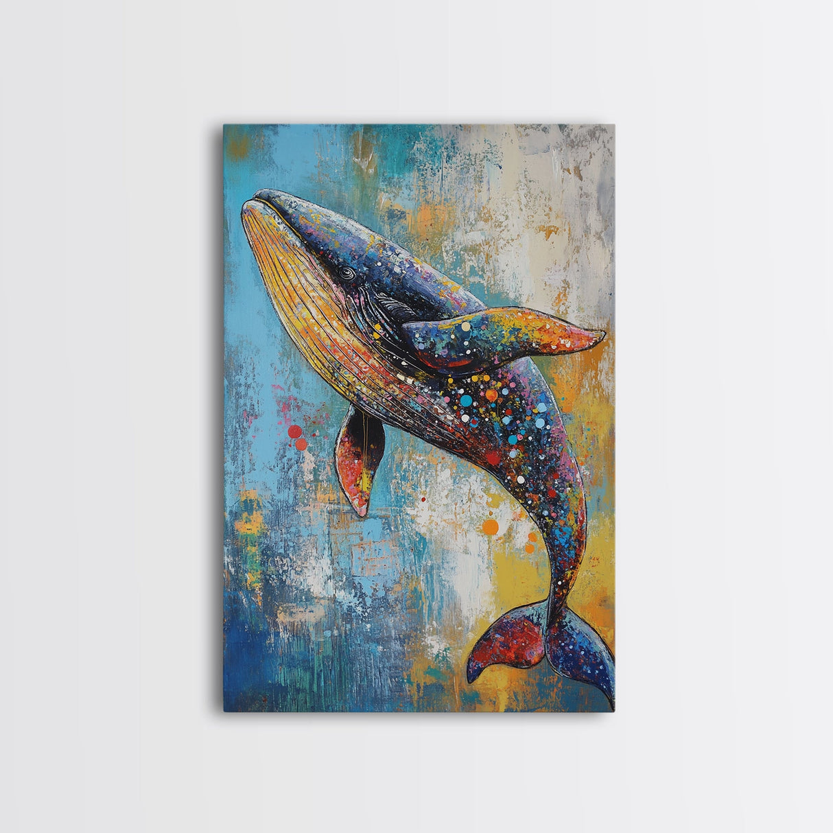 Blue Whale Framed Canvas Print Ocean Wildlife Art Colorful Nautical Wall Decor Coastal Home Aesthetic Sea Lover Gift