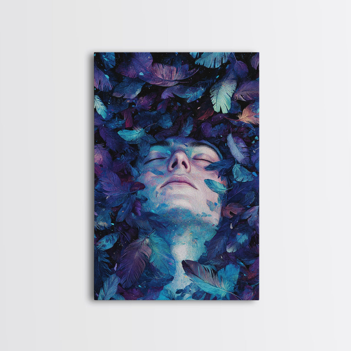 Dreamy Blue Feathers Canvas Print | Ethereal Surreal Art | Boho Bedroom Decor | Unique Abstract Painting | Cosmic Wall Art