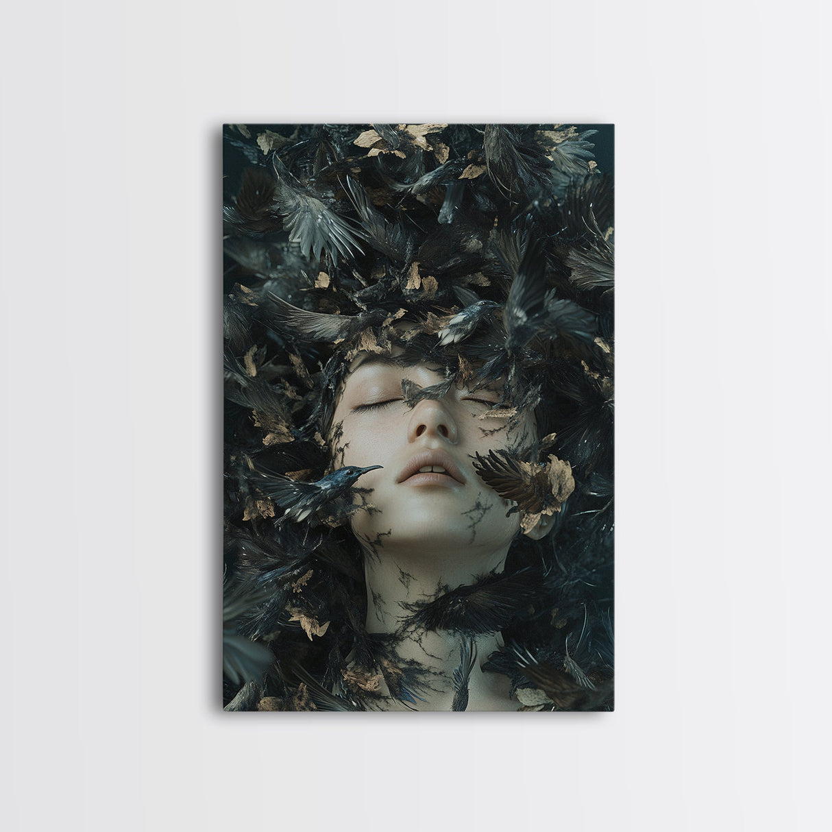 Dark Mystic Bird Canvas Print - Surreal Gothic Art, Moody Wall Decor, Dramatic Dreamscape Painting, Black Feather Fantasy Artwork