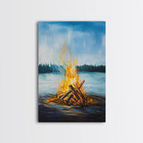 Lakeside Bonfire, Camping Art, Outdoor Wall Art, Cozy Campfire Painting, Nature Art, Rustic Decor, Above Couch Art, Canvas Print