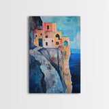 Cliffside Village, Mediterranean Art, Coastal Wall Art, Seascape Painting, Boho Art, Rustic Wall Art, Framed Canvas Print