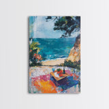Beach Picnic, coastal cowgirl wall art, nautical decor, food review kitchen art, ocean view, tropical art, Framed Canvas Print, gift idea