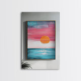 Sunset Horizon, pink orange wall art, nautical painting, coastal decor, above bed wall art, wabi sabi art, Framed Canvas Print, boho art