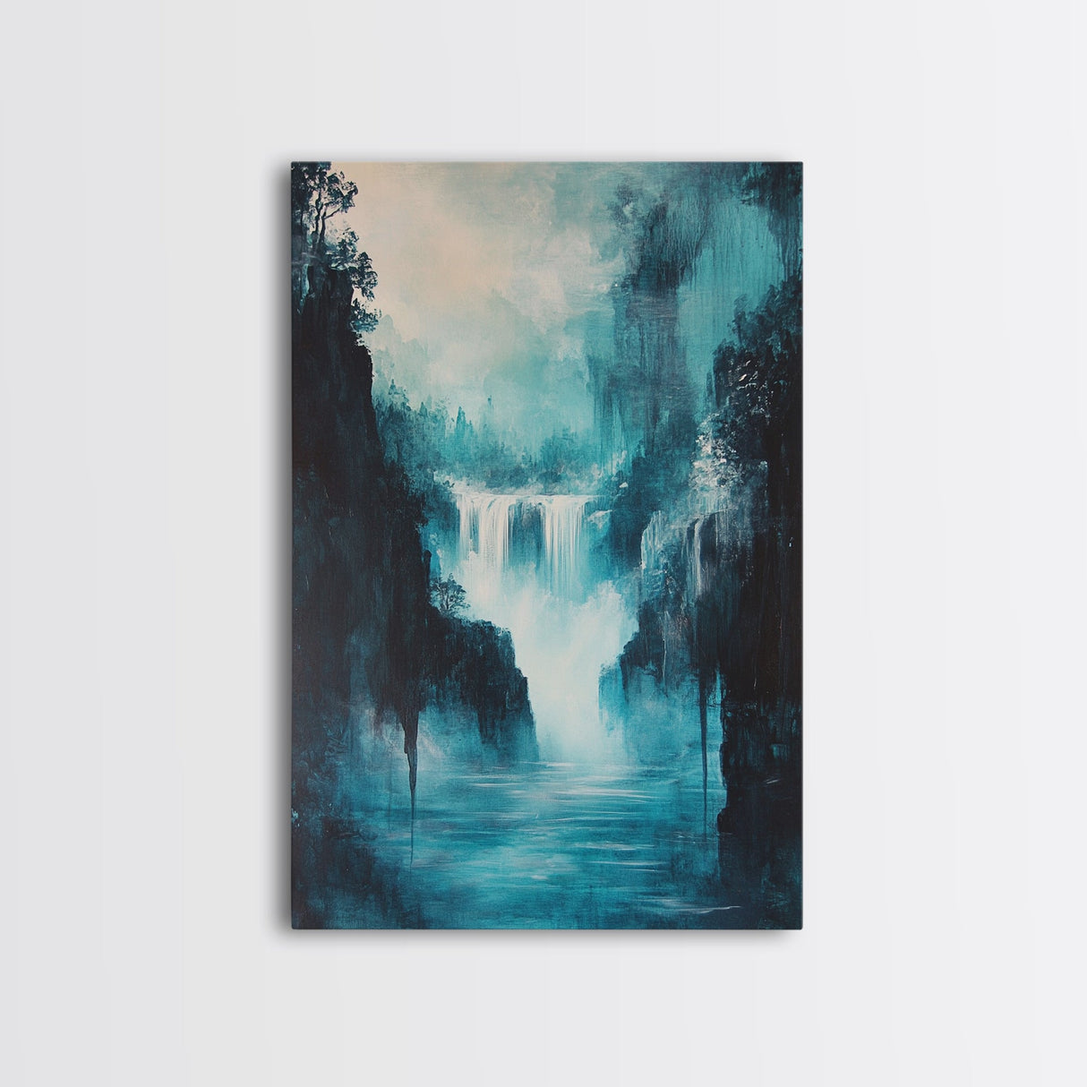 waterfall painting, landscape painting, framed canvas print, mountain painting, rustic wall art, blue and green wall art, gift idea