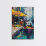 Market Boats, Coastal Decor, Nautical Painting, Vibrant Wall Art, Rustic Art, Canvas Print, Extra Wide Art, Living Room Art