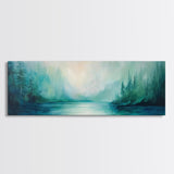 Forest Lake Morning Framed Canvas Print Calm Nature Art, Misty Green Landscape, Cabin Wall Decor, Peaceful Living Room Artwork