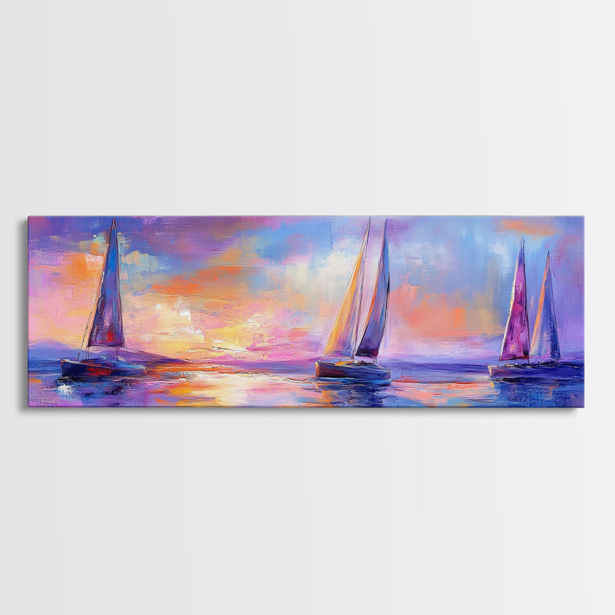 Sailboats at Sunset Framed Canvas Print Nautical Wall Art, Vibrant Ocean Painting, Coastal Home Decor, Large Living Room Artwork
