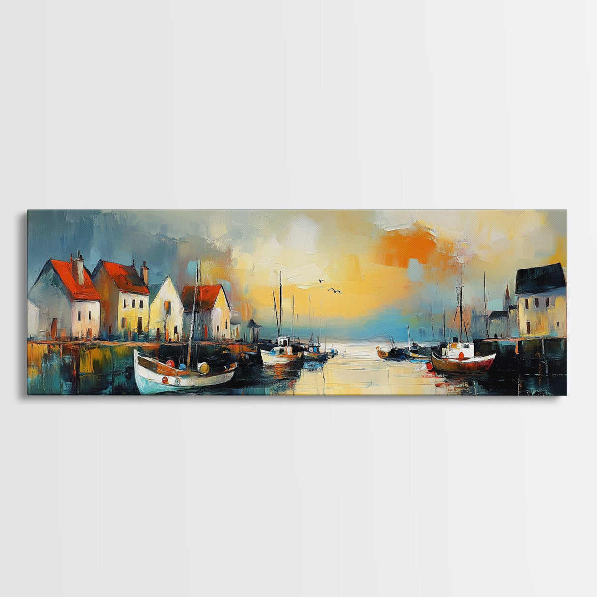 Seaside Village Harbor Canvas Print Coastal Boats Wall Art Nautical Fishing Town Decor Rustic Beach House Artwork Framed Print