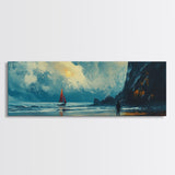 Moonlit Sailboat Canvas Print Dramatic Ocean Wall Art, Coastal Nautical Painting, Dark Blue Seascape, Moody Living Room Decor