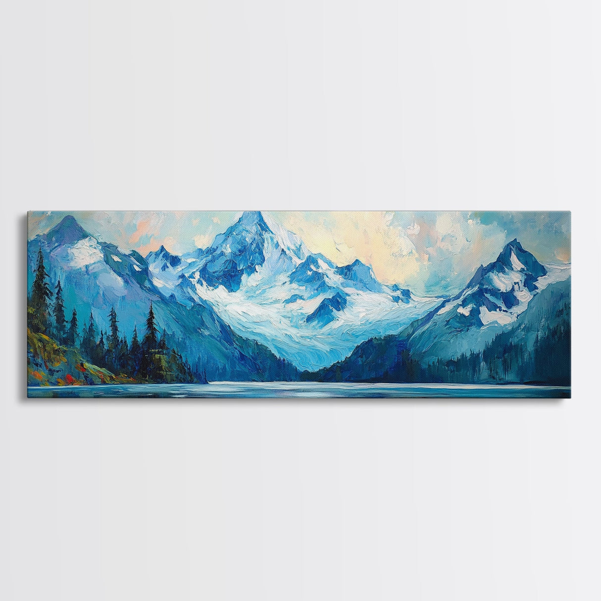 Mountain Lake Framed Canvas Print, Snowy Peak Nature Art, Adventure Home Decor, Alpine Forest Wall Art, Cabin Living Room Wall Decor