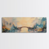 Misty Bridge Framed Canvas Print, Dreamy Lake Landscape Wall Art, Autumn Home Decor, Romantic Nature Painting, Serene Wall Artwork