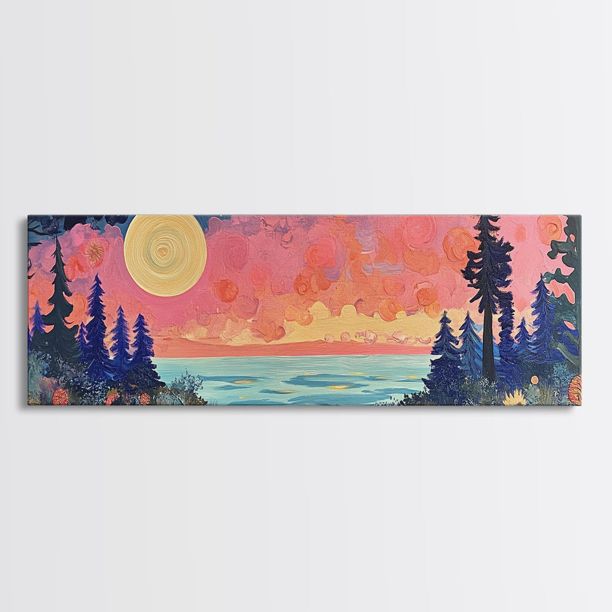 Mystical Moonlight Landscape Framed Canvas Print, Dreamy Forest Art, Boho Sunset Wall Art, Celestial Painting, Living Room Decor