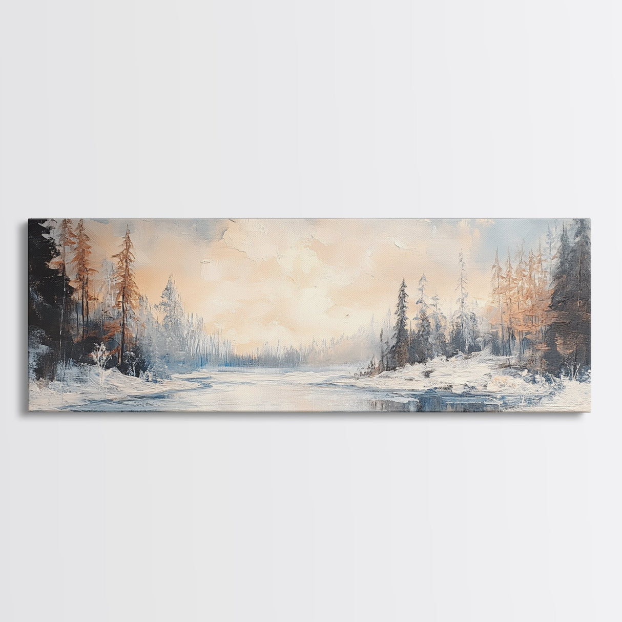 Serene Winter Forest Framed Canvas Print, Snowy Landscape Painting, Cozy Christmas Wall Art, Neutral Rustic Home Decor, Lodge Art