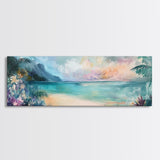Tropical Beach Paradise Framed Canvas Print, Vibrant Ocean Wall Art, Hawaii Sunset Painting, Coastal Living Room Decor, Relaxing Art