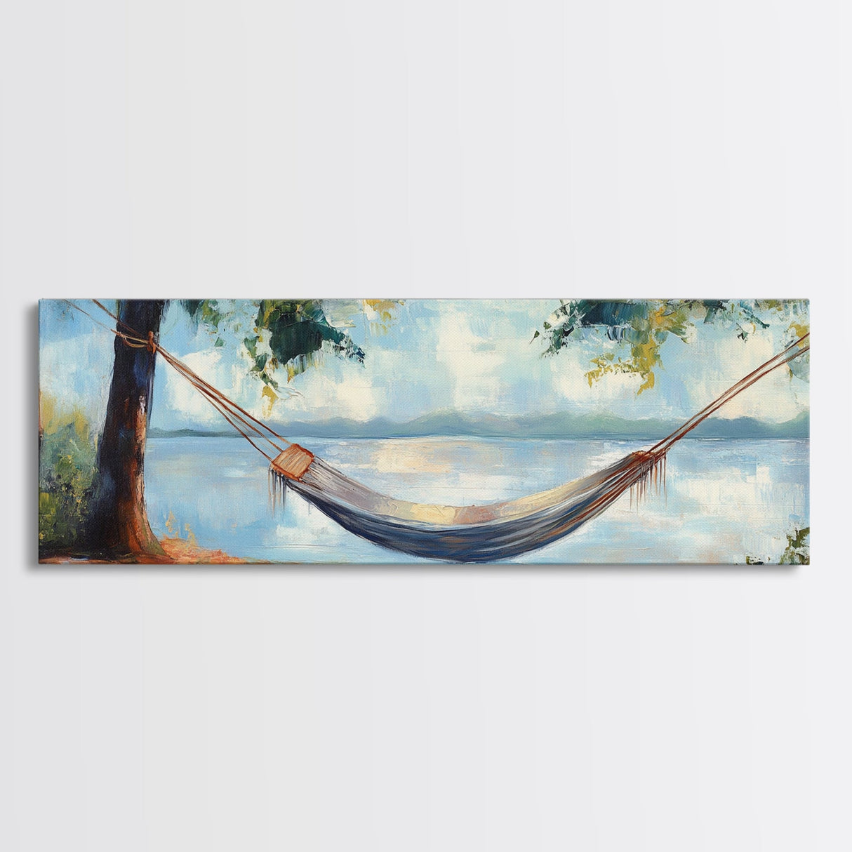 Relaxing Hammock Lake Scene, Tranquil Coastal Art, Serene Nature Painting, Boho Wall Decor, Minimalist Bedroom Art