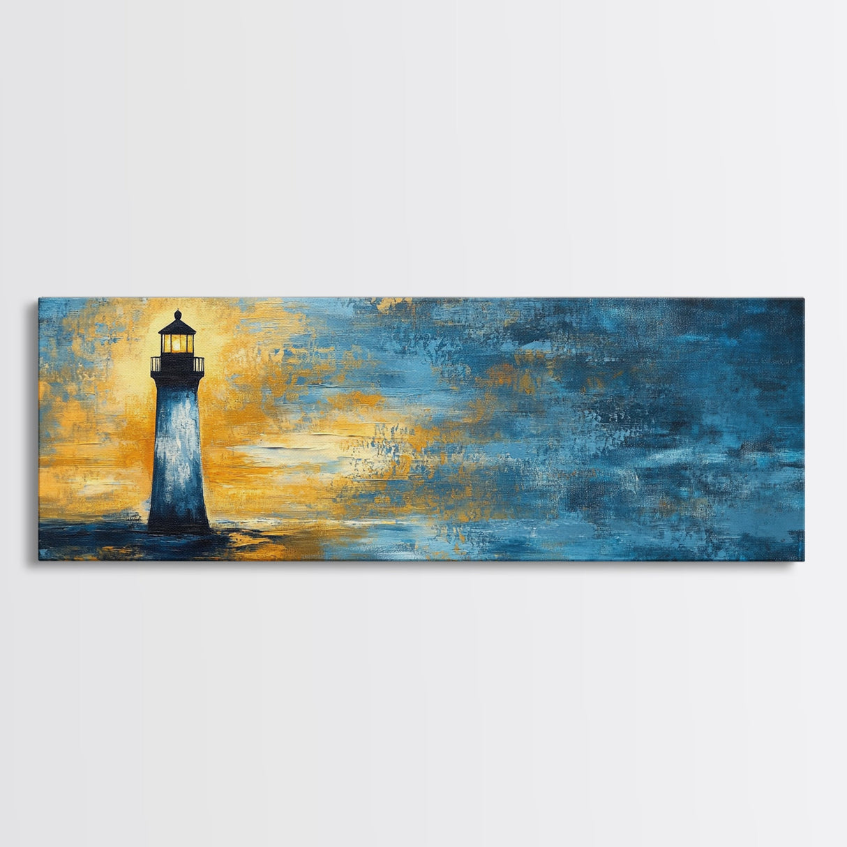 Lighthouse at Dusk Art, Nautical Coastal Painting, Moody Blue and Gold Wall Decor, Ocean Scene Artwork, Tranquil Living Room Art