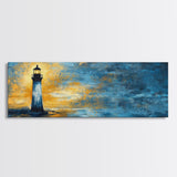 Lighthouse at Dusk Art, Nautical Coastal Painting, Moody Blue and Gold Wall Decor, Ocean Scene Artwork, Tranquil Living Room Art