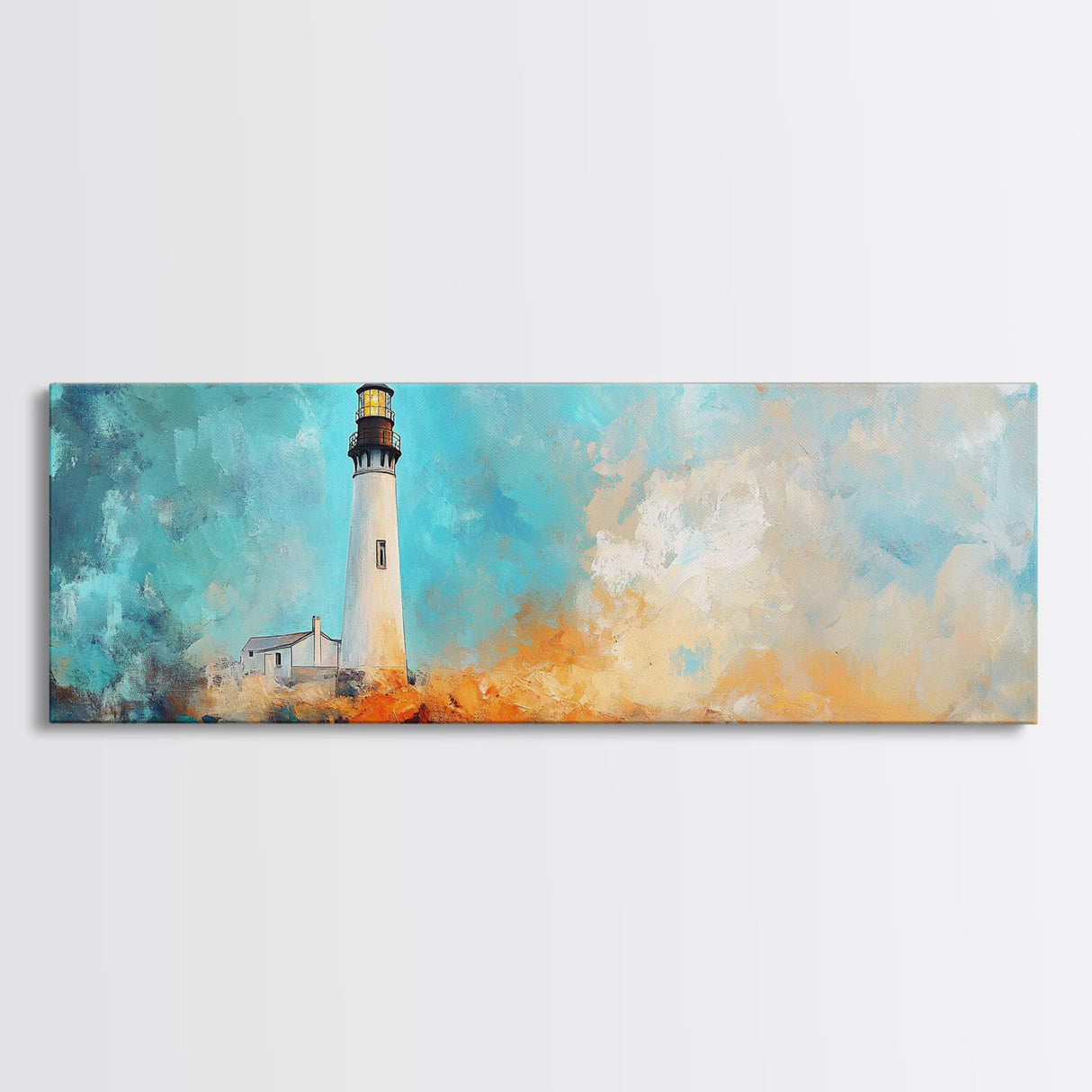 Lighthouse Cliff Seascape Art, Coastal Landscape Painting, Ocean View Home Decor, Modern Nautical Wall Art, Large Living Room Art