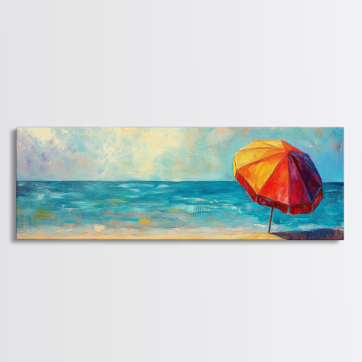 Vibrant Beach Umbrella Painting, Colorful Coastal Ocean Art, Bold Summer Seascape Decor, Bright Living Room, Canvas Print