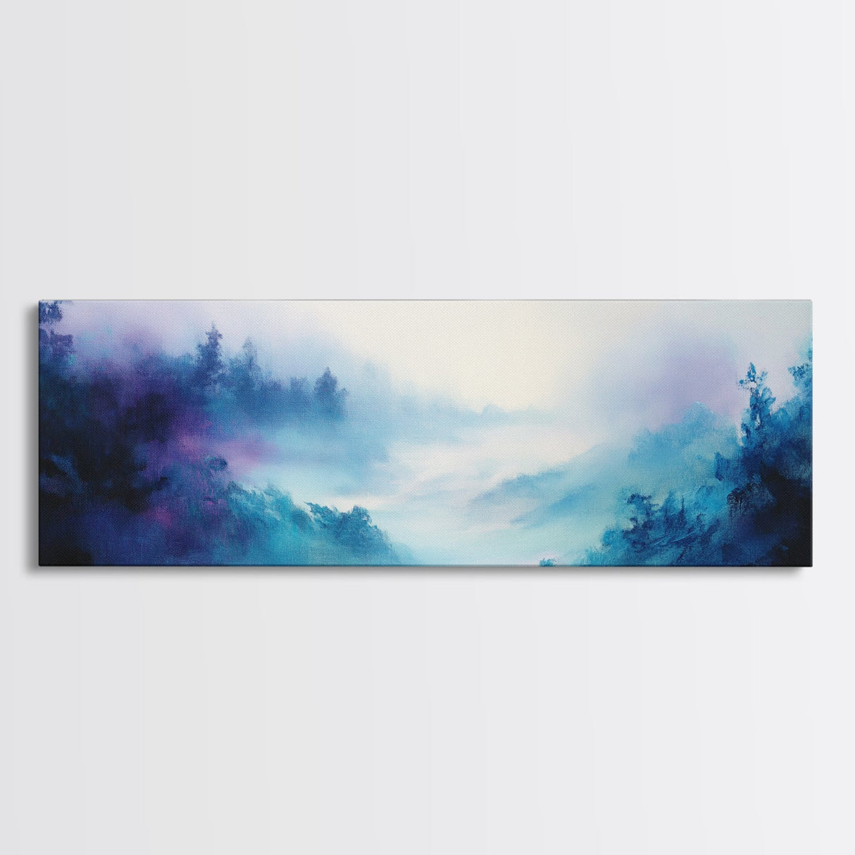 Ethereal Foggy Forest Framed Canvas Print - Mystical Landscape Wall Art, Blue and Purple Nature Decor, Living Room Art