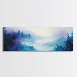 Ethereal Foggy Forest Framed Canvas Print - Mystical Landscape Wall Art, Blue and Purple Nature Decor, Living Room Art