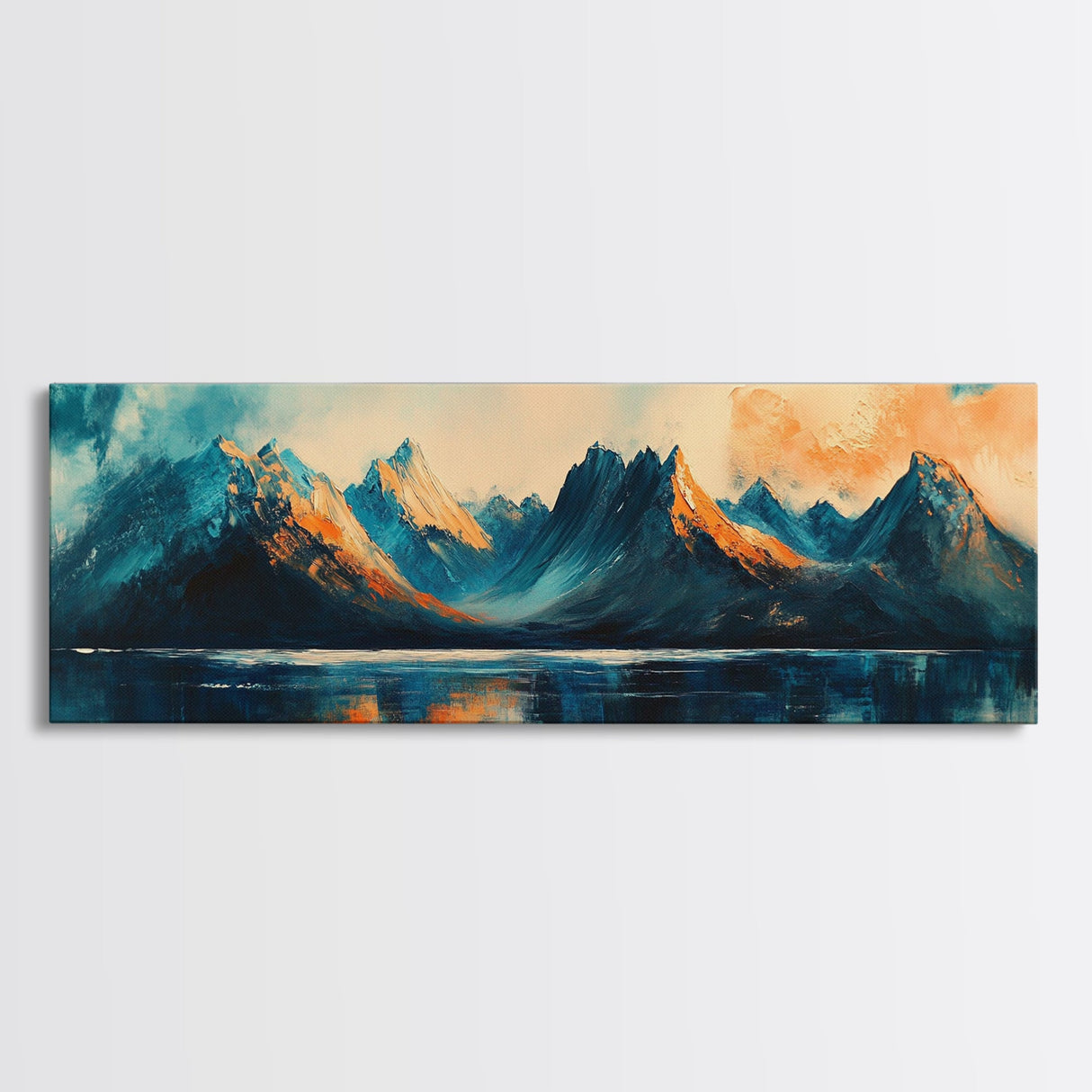 Majestic Mountains Framed Canvas Print Scenic Landscape Art, Blue and Gold Mountain Painting, Nature Wall Decor, Bedroom Wall Art