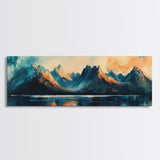 Majestic Mountains Framed Canvas Print Scenic Landscape Art, Blue and Gold Mountain Painting, Nature Wall Decor, Bedroom Wall Art