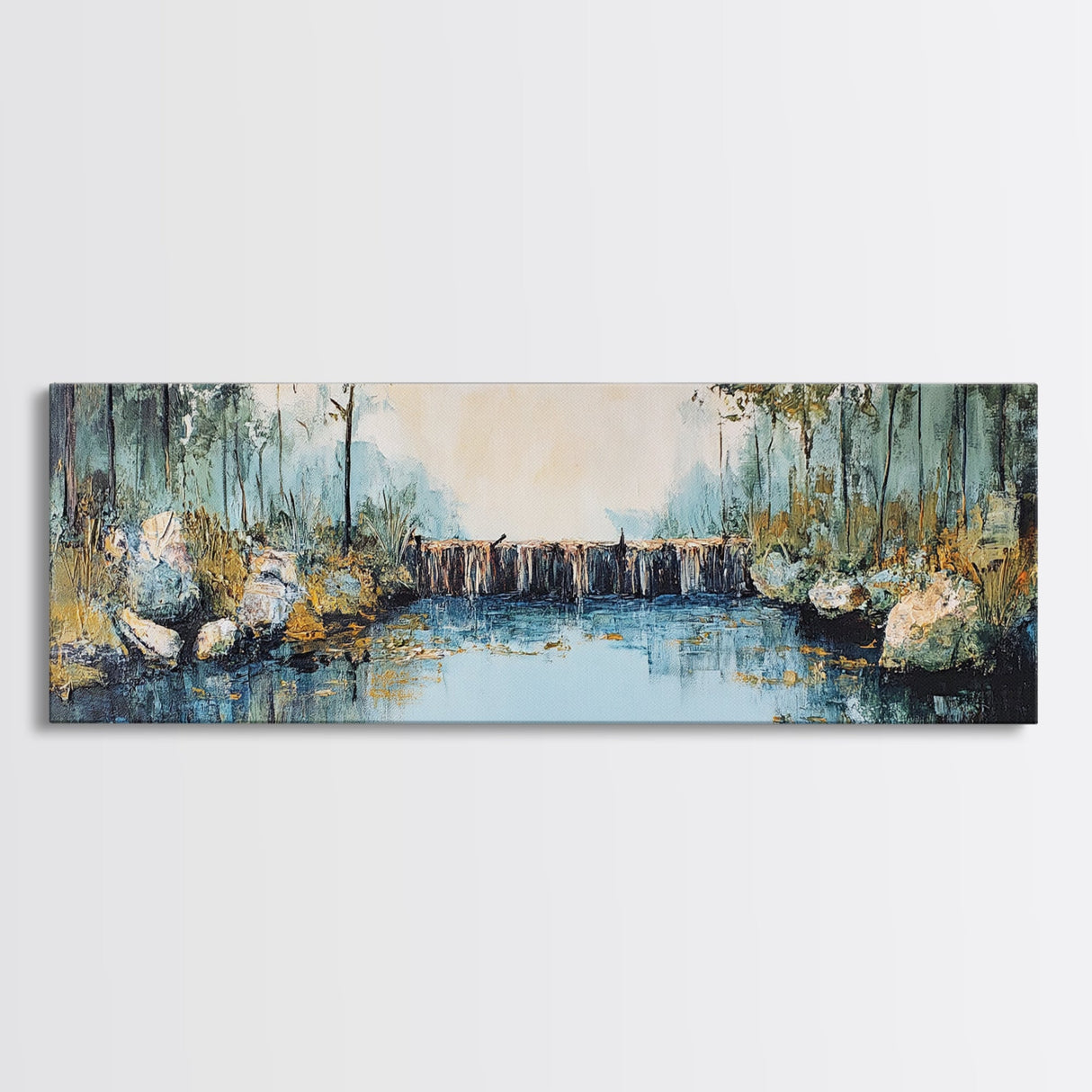 Tranquil River Framed Canvas Print Nature Landscape Art Rustic Cabin Decor Serene Waterfall Painting Lodge Wall Art Autumn Forest Scene