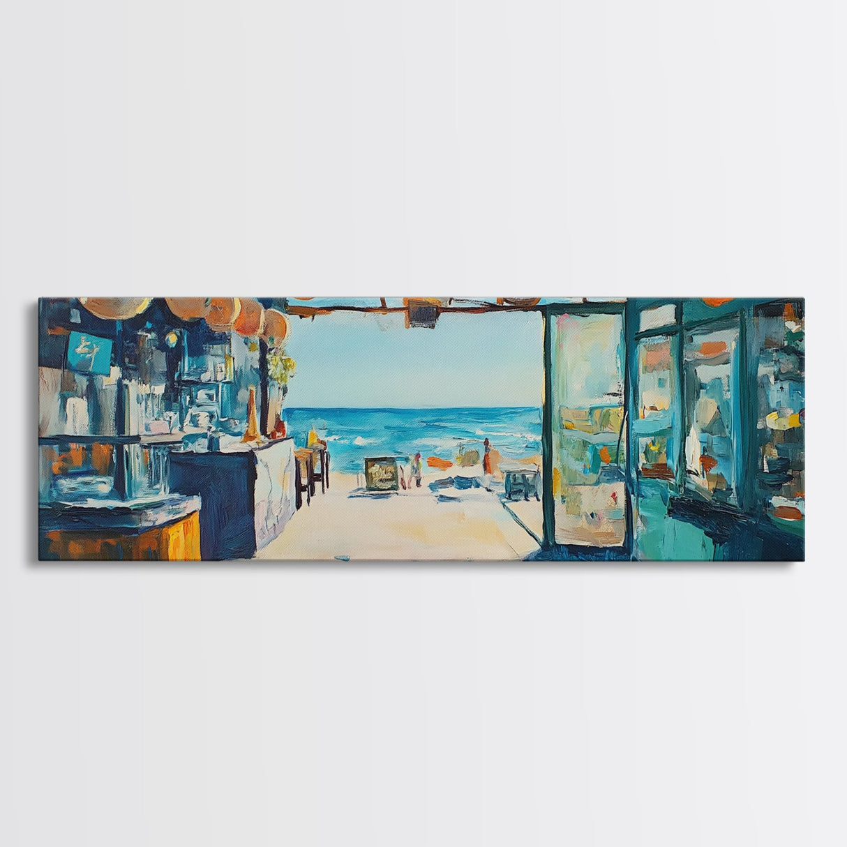 Oceanfront Cafe Scene Canvas Print Beach Bar Wall Art Coastal Decor Seaside Painting Rustic Art Dining Room Kitchen Living Room