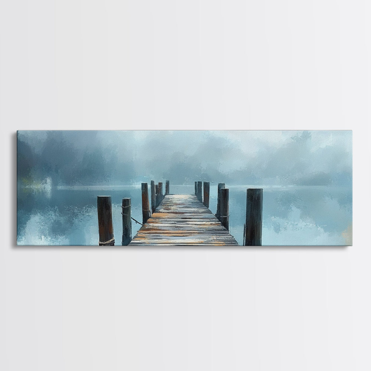 Misty Dock Landscape Framed Canvas Print Tranquil Lake Painting Minimalist Nature Art Calm Water Foggy Morning Bedroom Wall Art