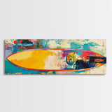 Abstract Surfboard Framed Canvas Print Coastal Beach House Wall Art, Vibrant Surfing Decor, Colorful Ocean Painting, Modern Boho Art