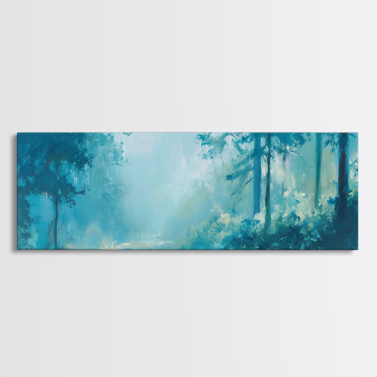 Misty Forest Painting Ethereal Blue Woodland Art Dreamy Nature Landscape Wall Decor Tranquil Aesthetic Bedroom Artwork