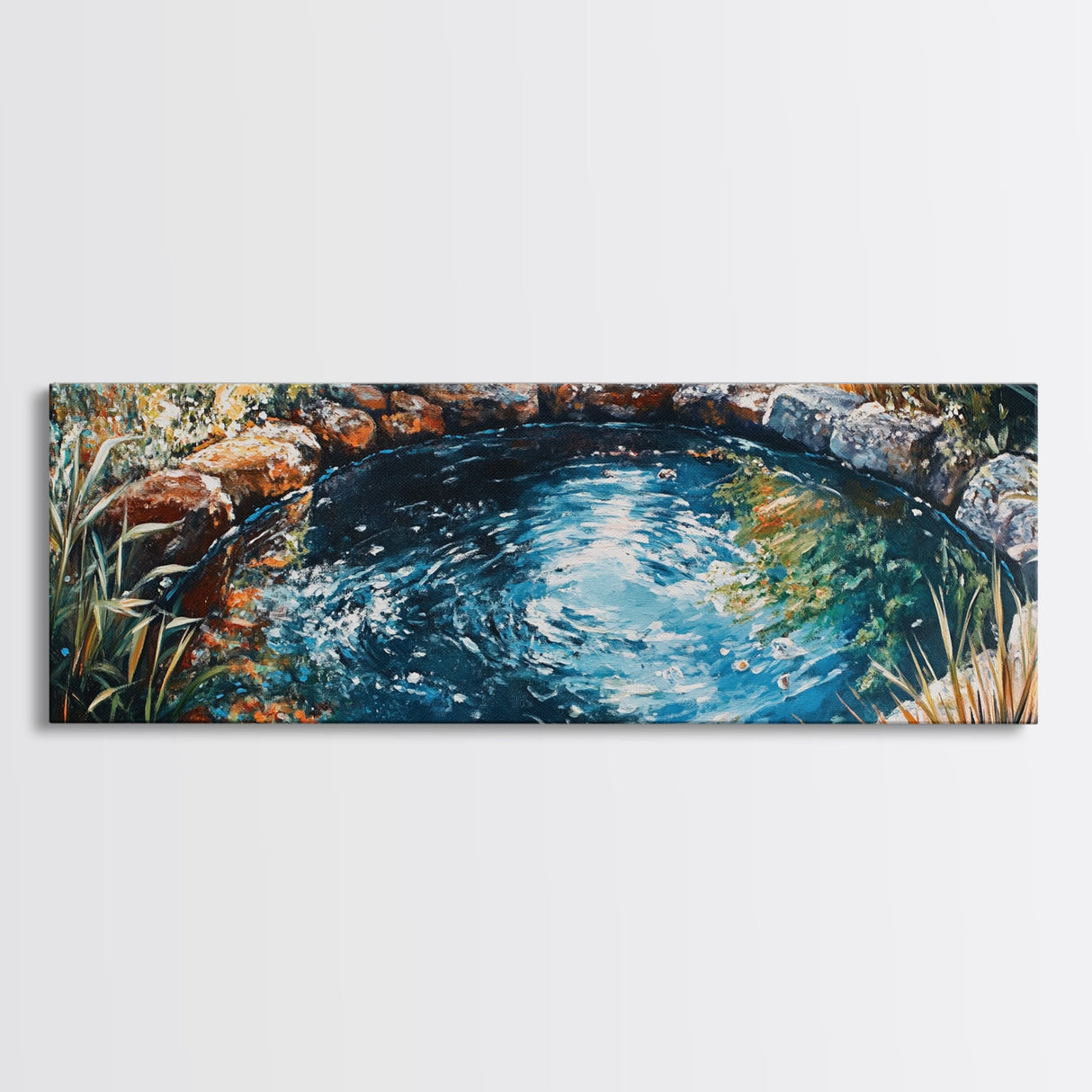 Tranquil Forest Pond Canvas Print, Rustic Nature Painting, Water Reflection Wall Art, Cabin Living Room Decor, Earthy Green Artwork