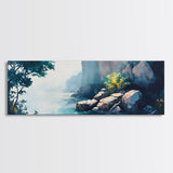 Misty Canyon River Framed Canvas Print, Serene Landscape Painting, Tranquil Nature Art, Zen Wall Decor, Bedroom Relaxation Artwork