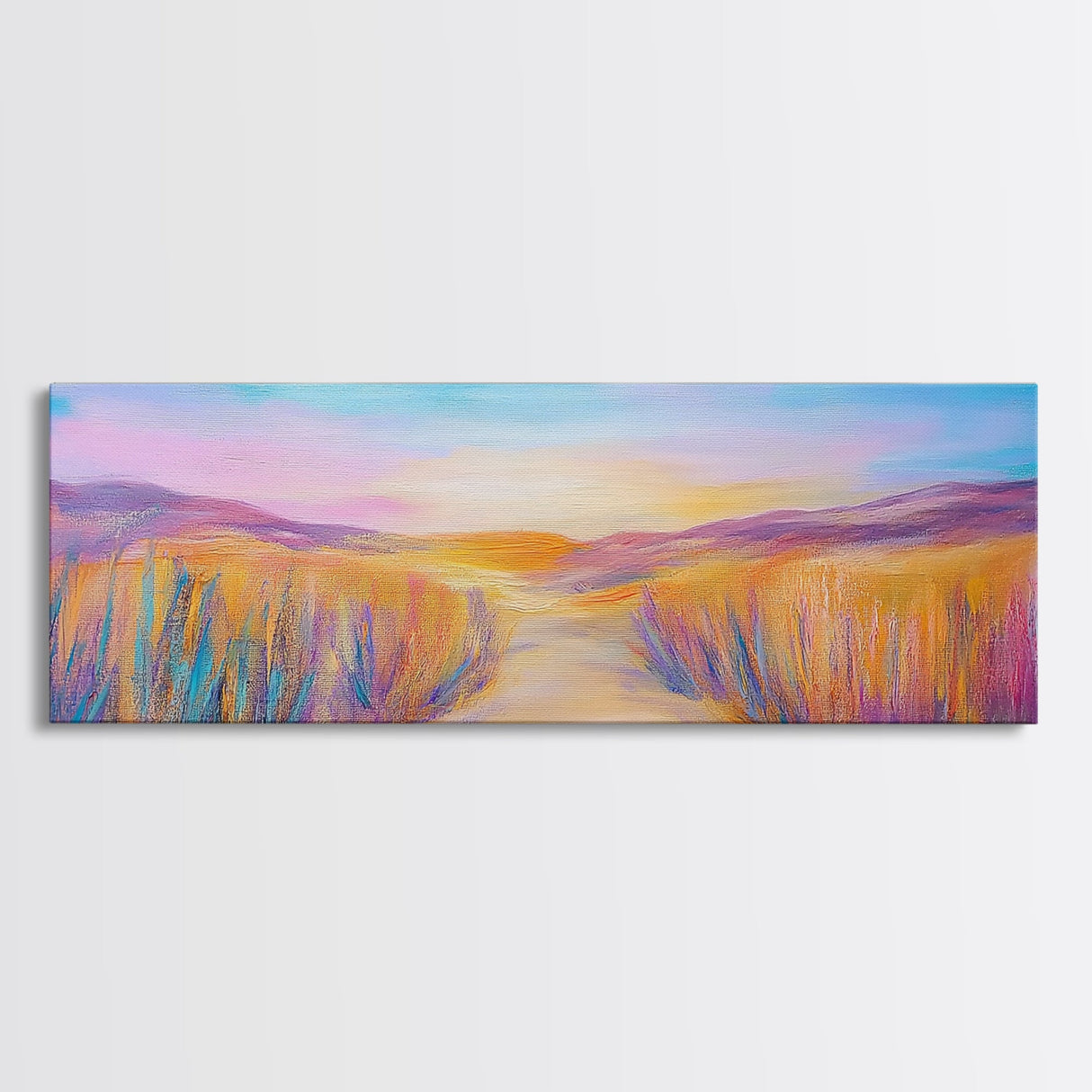 Serene Desert Sunset Path Framed Canvas Print, Southwestern Landscape Wall Art, Warm Earthy Tones, Nature Decor, Living Room Art