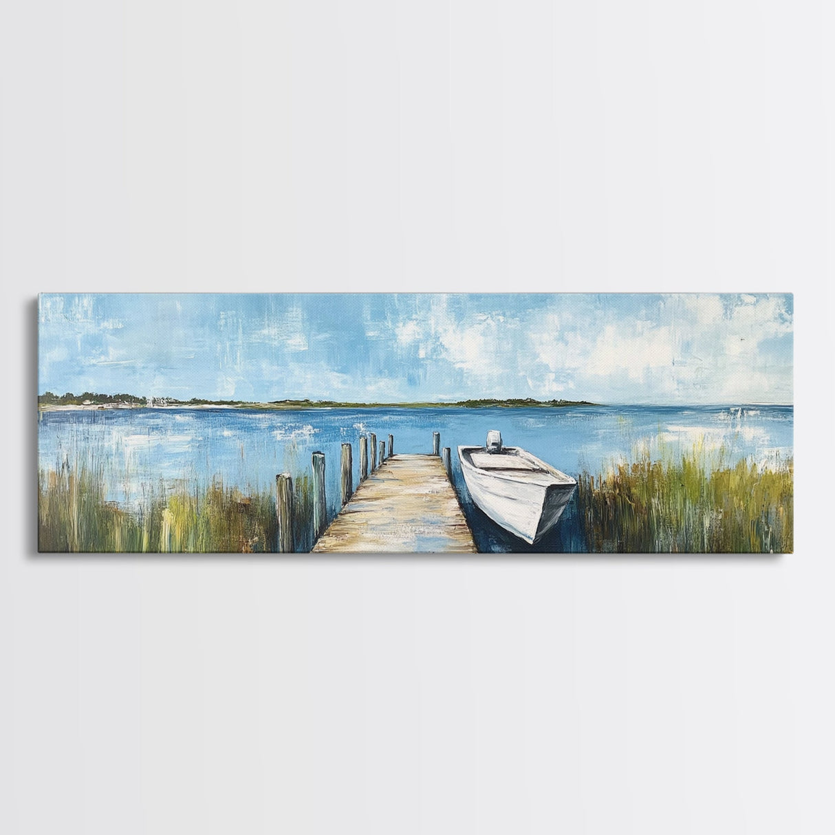 Lakeside Dock Framed Canvas Print Tranquil Waterfront Art Boat Painting Relaxing Cabin Decor Nautical Wall Art Rustic Living Room