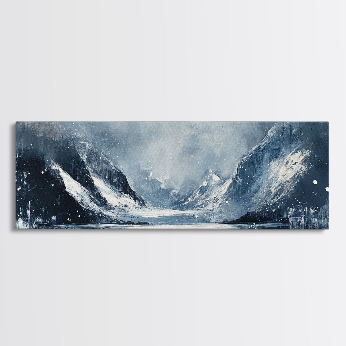 Moody Winter Mountains Framed Canvas Print Dark Landscape Painting Snowy Peaks Rustic Cabin Wall Art Lodge Decor Adventure Gift