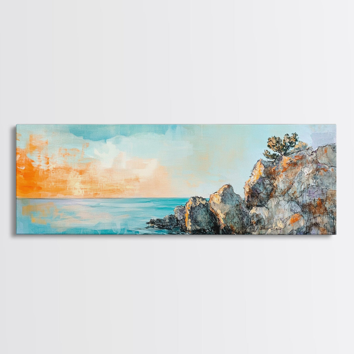 Seaside Cliff, Tranquil Beach Painting, Ocean View Wall Art, Home Decor, Framed Canvas Print, Minimalist Style, Bedroom Artwork