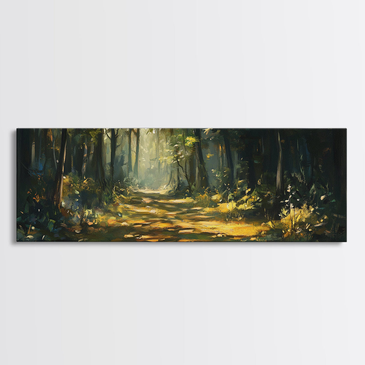 Forest Path, Sunlit Woodland Wall Art, Nature Escape Painting, Cabin Decor, Framed Canvas Print, Outdoor Lover Gift, Entryway Art