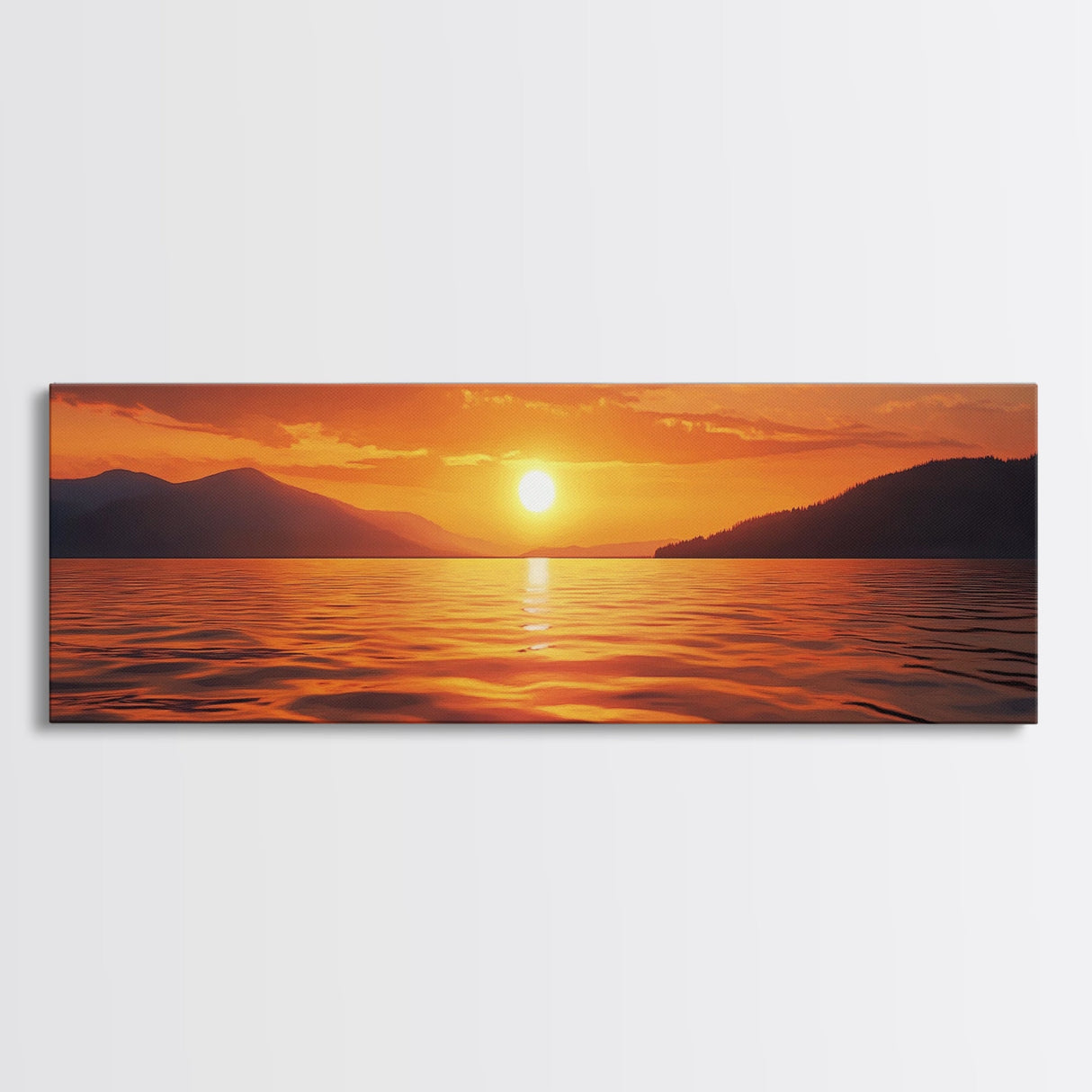 Golden Sunset, Serene Lake Painting, Tranquil Water Art, Nature Decor, Framed Canvas Print, Minimalist Style, Bedroom Artwork