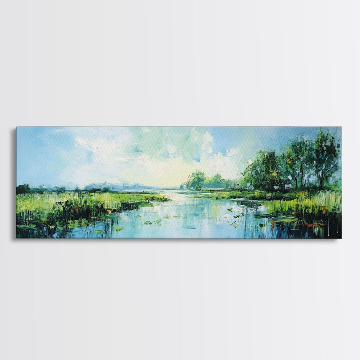 Tranquil, Marshland, Reflection, Nature, Framed Canvas Print, Living Room Wall Art, Impressionist Art, Serene Water Scene